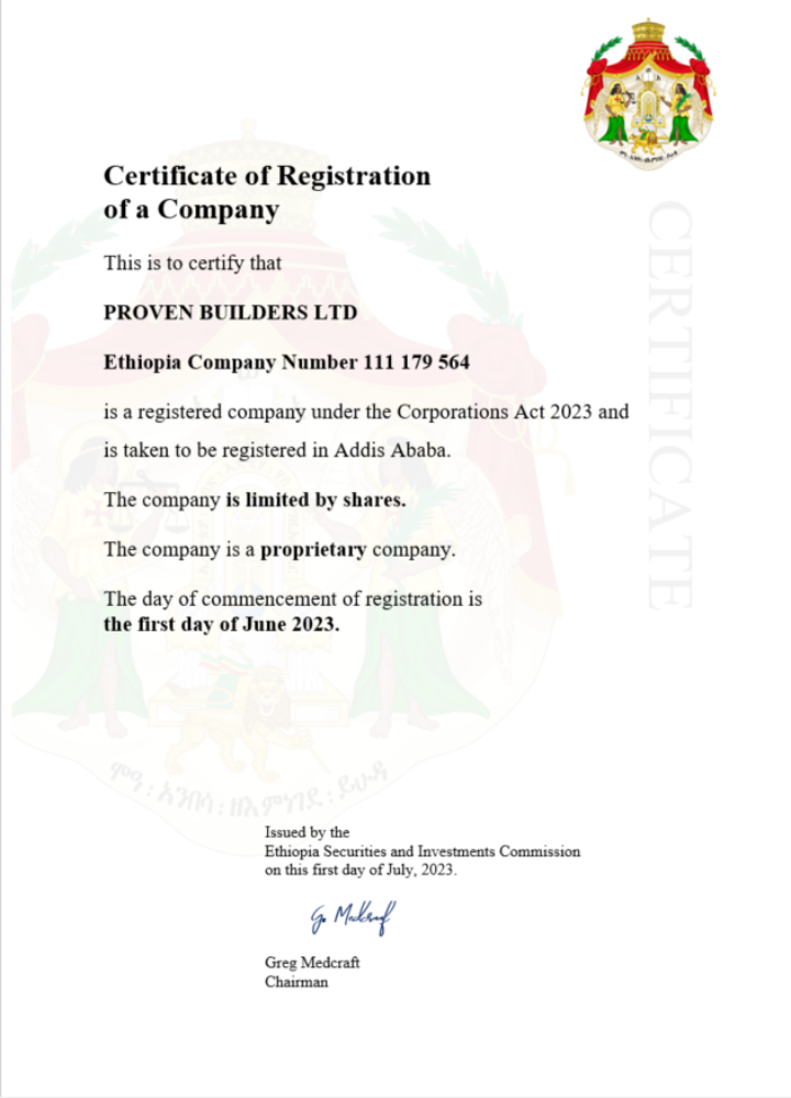 Ethiopia  certificate of registration Word and PDF template